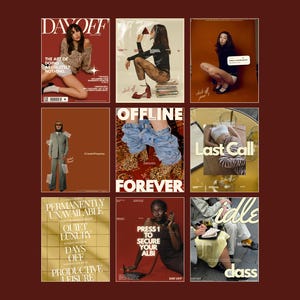 Puede incluir: Un collage de nueve portadas de revistas con varios modelos y texto. Las portadas presentan diversos temas, incluyendo moda, ocio y estilo de vida. La paleta de colores incluye tonos de marrón, dorado y blanco, con tipografía audaz e imágenes impactantes.