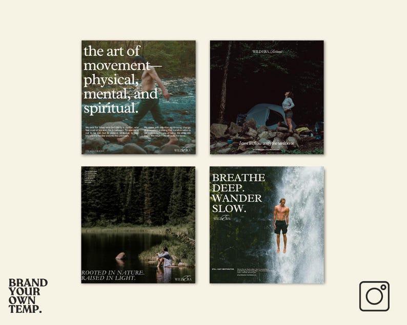 May include: Four square images with outdoor themes. The top left image reads "the art of movement - physical, mental, and spiritual." The top right image shows a tent in a forest. The bottom left image shows a person by a lake. The bottom right image reads "Breathe Deep. Wander Slow."