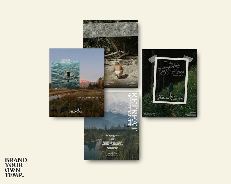 May include: A collection of four posters with nature-themed imagery. One poster features a person in water, another a person in a forest, and a third with a mountain landscape. The fourth poster has the text "Live Wilder".