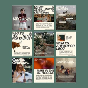 May include: A collection of nine astrology-themed magazine covers. Each cover features a different astrological sign or topic, with bold text and images. The color palette includes beige, orange, and green.