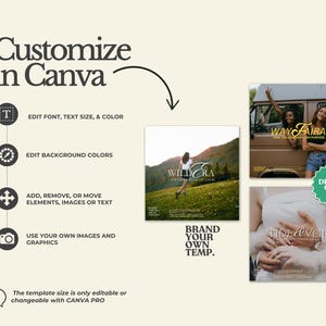 May include: An image promoting Canva's customization features. Text reads "Customize in Canva" with options to edit font, text size, color, background colors, add/remove elements, and use images. Includes sample images and the text "Brand Your Own Temp."