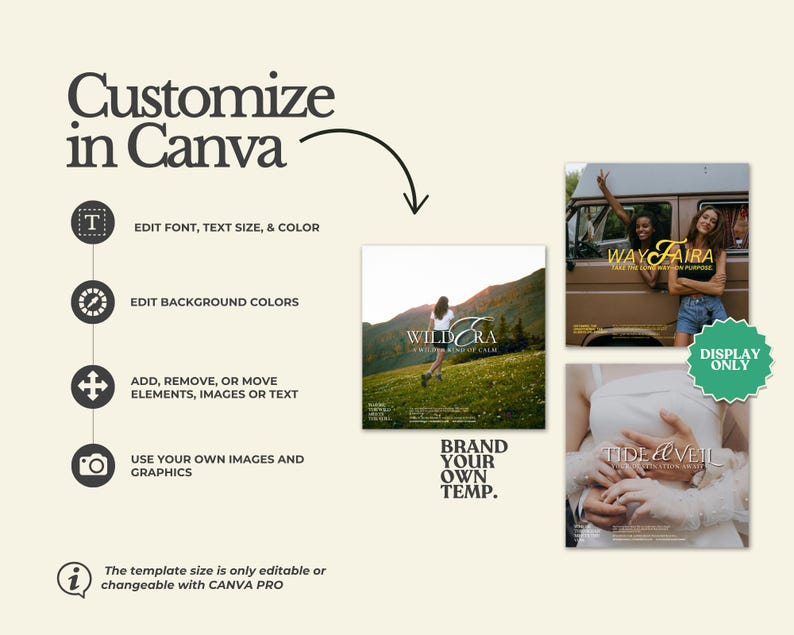 May include: An image promoting Canva's customization features. Text reads "Customize in Canva" with options to edit font, text size, color, background colors, add/remove elements, and use images. Includes sample images and the text "Brand Your Own Temp."