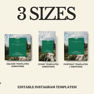 May include: An image showcasing three Instagram template sizes: square, story, and portrait. Each template features a green square with white text, a landscape photo, and the word "Wild" in cursive. The text "3 SIZES" is at the top.
