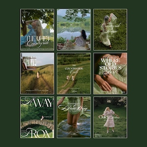 Può includere: Nove copertine di riviste su sfondo verde scuro. Ogni copertina presenta una persona in un ambiente naturale, con titoli come "The Quilt Countryside", "Where Old Stories" e "Away From". Le copertine hanno un'estetica vintage e romantica.