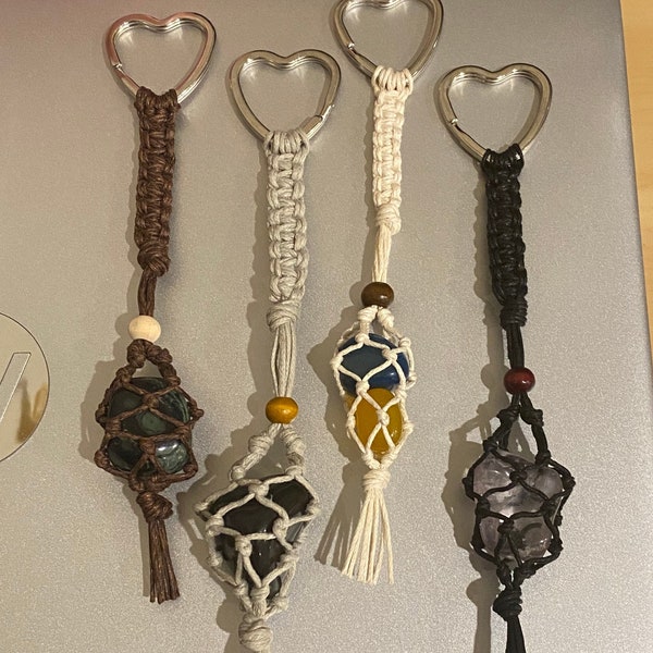 Interchangeable crystal macrame pouch keychains