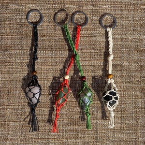 Interchangeable crystal macrame pouch keychains