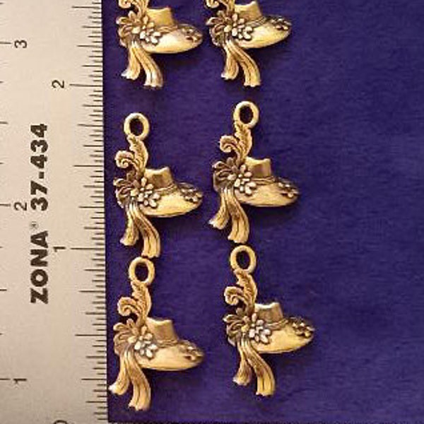 4 BONNET CHARMS. Antique Gold. Good for Red Hatter Jewelry and Crafts.2 Pairs.
