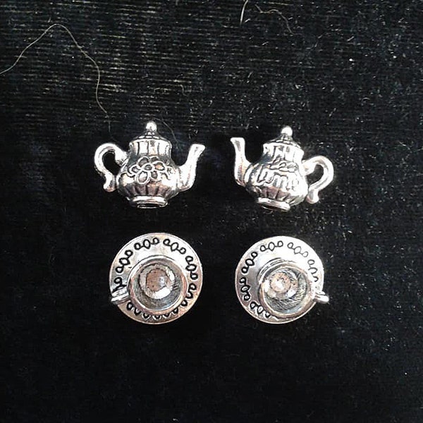 2 Sets of TEAPOT & TEACUP CHARMS.Antique Silver . Two Pairs . Four Charms.