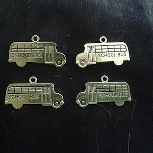 4  Flat SCHOOL BUS CHARMS. Antique Silver. Pack of 4. Two Pairs.