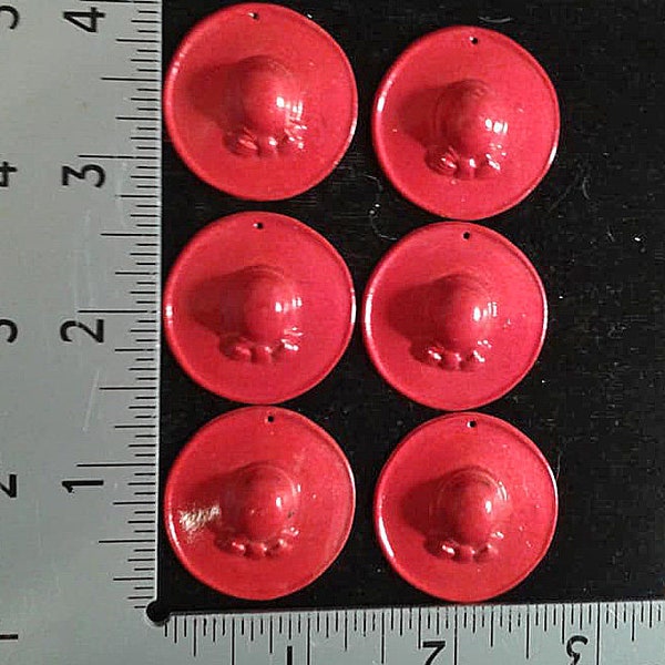 6 RED HAT Charms/Pendants .  Large Wide Brim.Enamel Paint on Brass.3 Pairs.