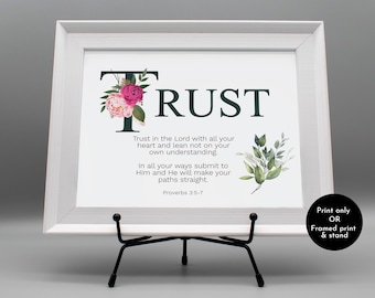 Trust in the Lord | Proverbs 3:5-6 | Framed Bible verse print with FRAME & STAND |  Scripture signs, art, decor, gifts | Personalised gift