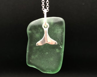 Whale Tail Pendant Green Sea Glass Necklace | Sterling Silver Whale Tail Green Sea Glass Necklace | Sterling Silver Whale Tale Necklace