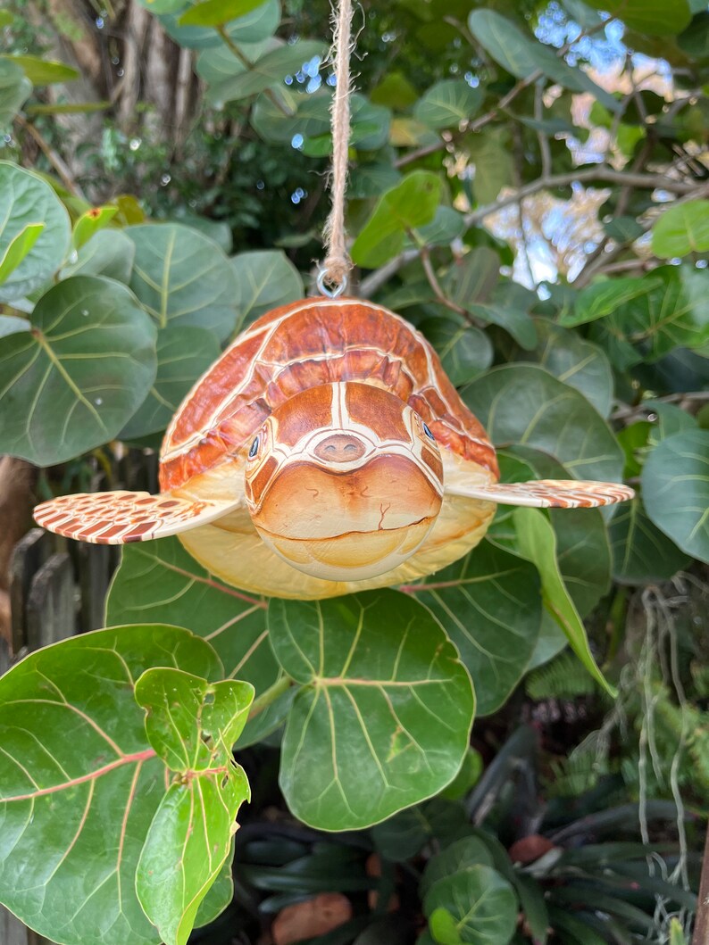 May include: A wooden turtle ornament with brown and white painted details, hanging from a string. The turtle has a realistic face with a small nose and large eyes.