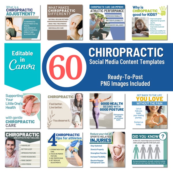 60 Social Media Templates for Chiropractors, Canva Template, Ready-to-Post PNG Images included, Chiropractor Posts Instagram Facebook Posts