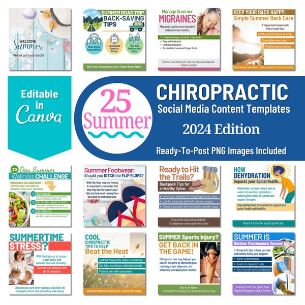 NEW 25 SUMMER Chiropractic Social Media Images, Canva Template, Chiropractor Instagram, PNG Ready-to-Post Files Included, Editable in Canva