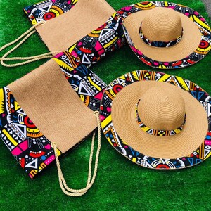 May include: Two tote bags and two sun hats with a vibrant geometric pattern. The bags have a natural hessian body with the patterned fabric at the top and rope handles. The hats are straw-coloured with the same patterned trim.