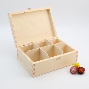 Teekiste aus Holz mit Riegel | Unvollendete Teebeutelbox aus Holz | Box mit 6 Fächern | Holzaufbewahrung | Geschenkbox für Decoupage-Liebhaber | | Veranstalter