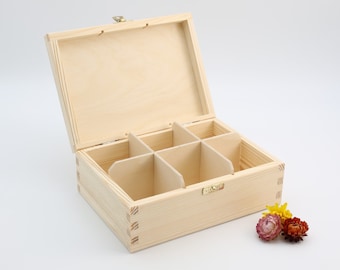 Wooden Tea Box with Latch | Unfinished Wooden Tea Bag Box | 6 Compartments Box | Wooden Storage | Decoupage Lovers Gift Box | | organiser