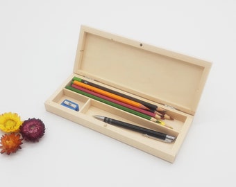 Wooden Pencil Case with Compartments | Wooden Pen and Pencil Box | Pencil Storage Box | Gift for Children | Wooden Stationery Case