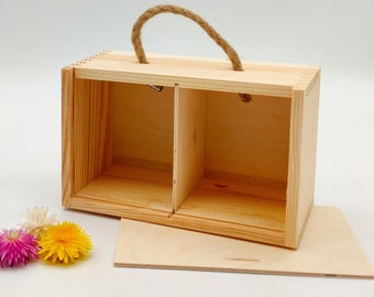 Wooden Box with Sliding Lid and Rope Handle | Wood Box with 2 Compartments | Wooden Gift Box | Wooden Storage Box | 2 Jar Gift Box | DIY Box