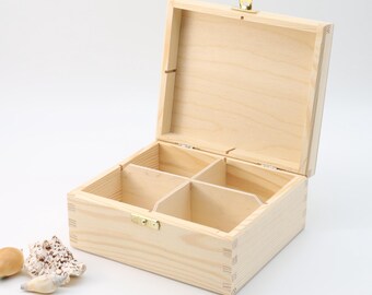 Wooden Tea Box with 4 Compartments and with a Latch | DIY Tea Box | Wooden Storage Box | Tea Lovers Gift Box | Tea Organizer | Decoupage