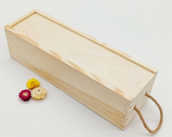 Wine Box with Sliding Lid and Rope | Wedding Gift | Bottle Storage Box | Unfinished Wooden Bottle Box | Wooden Present for Wine Lovers