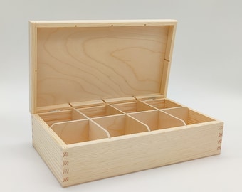 Wooden Tea Bag Box with 8 Compartments | Wooden Storage Box | Unpainted Wood Keepsake | Decoupage DIY | Tea Organizer | Wooden Box with Lid