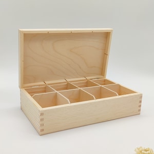 Teebeutelbox aus Holz mit 8 Fächern | Aufbewahrungsbox aus Holz | Unbemaltes Andenken aus Holz | Decoupage zum Selbermachen | Tee Organizer | Holzkiste mit Deckel