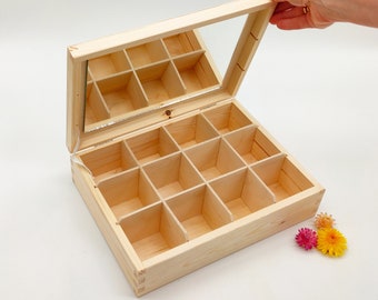 Wooden Box with 12 Compartments and Mirror | Unfinished Wooden Box | Wooden Storage Box with Lid | Jewelry Box | Decoupage | Trinket Box