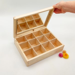Coffret en bois avec 12 compartiments et miroir | Boîte en bois non finie | Boîte de rangement en bois avec couvercle | Coffret à bijoux | Découpage | Coffret à bibelots