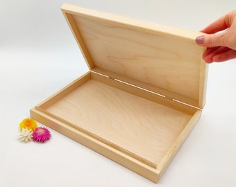 Boîte en bois inachevée de taille A4 | Grande boîte en bois | Rangement de documents en bois | Boîte avec couvercle à charnière | Bureau à domicile | Stockage du papier au format A4