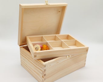 Schmuckschatulle aus Holz | Holztruhe mit Tablett und Riegel | Unvollendete Holzkiste | Organizer-Box | Aufbewahrungsbox | Erinnerungsbox | DIY-Decoupage