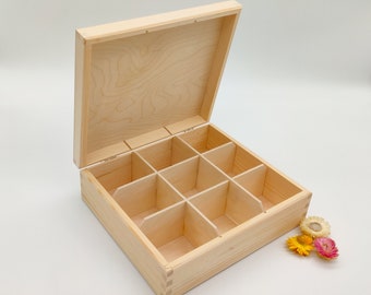 Wooden Tea Bags Box | Unfinished 9 Compartments Display Box | Wooden Storage Box | Tea Lovers Gift Box | Decoupage Box | Tea Organizer | DIY