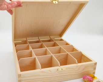 Boîte à thé en bois avec 16 compartiments et loquet | Boîte à thé bricolage | Boîte de rangement en bois | Coffret cadeau pour les amateurs de thé | Organisateur de thé | Découpage