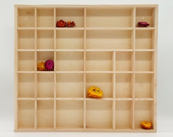 Shadow Box | Unfinished Wooden Display with 28 Compartments | Unpainted Wall Hanging Organizer | Divided shelf | Collection Display |