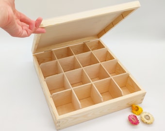 16 Compartments Wooden Tea Organizer | Wooden Jewelry Storage Box | Unfinished Wooden Tea Bag Box | Tea Lovers Gift Box | Large Tea Chest