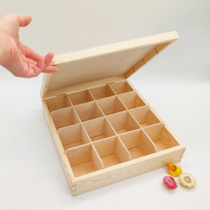16 Compartments Wooden Tea Organizer | Wooden Jewelry Storage Box | Unfinished Wooden Tea Bag Box | Tea Lovers Gift Box | Large Tea Chest