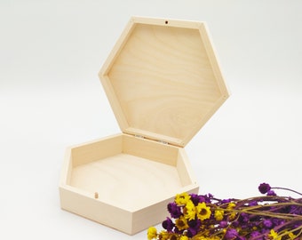 Large Unfinished Hexagon Wooden Box | Unpainted Wood Box | Wooden Storage Box | Wedding Keepsake Box | Jewelry Box | DIY | Decoupage Box