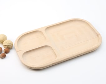 Wooden Tray with 3 Compartments | Unfinished Beech Wood Plate | Rustic Home Decor | Snack Nuts Fruit Serving Tray | Storage | Organization