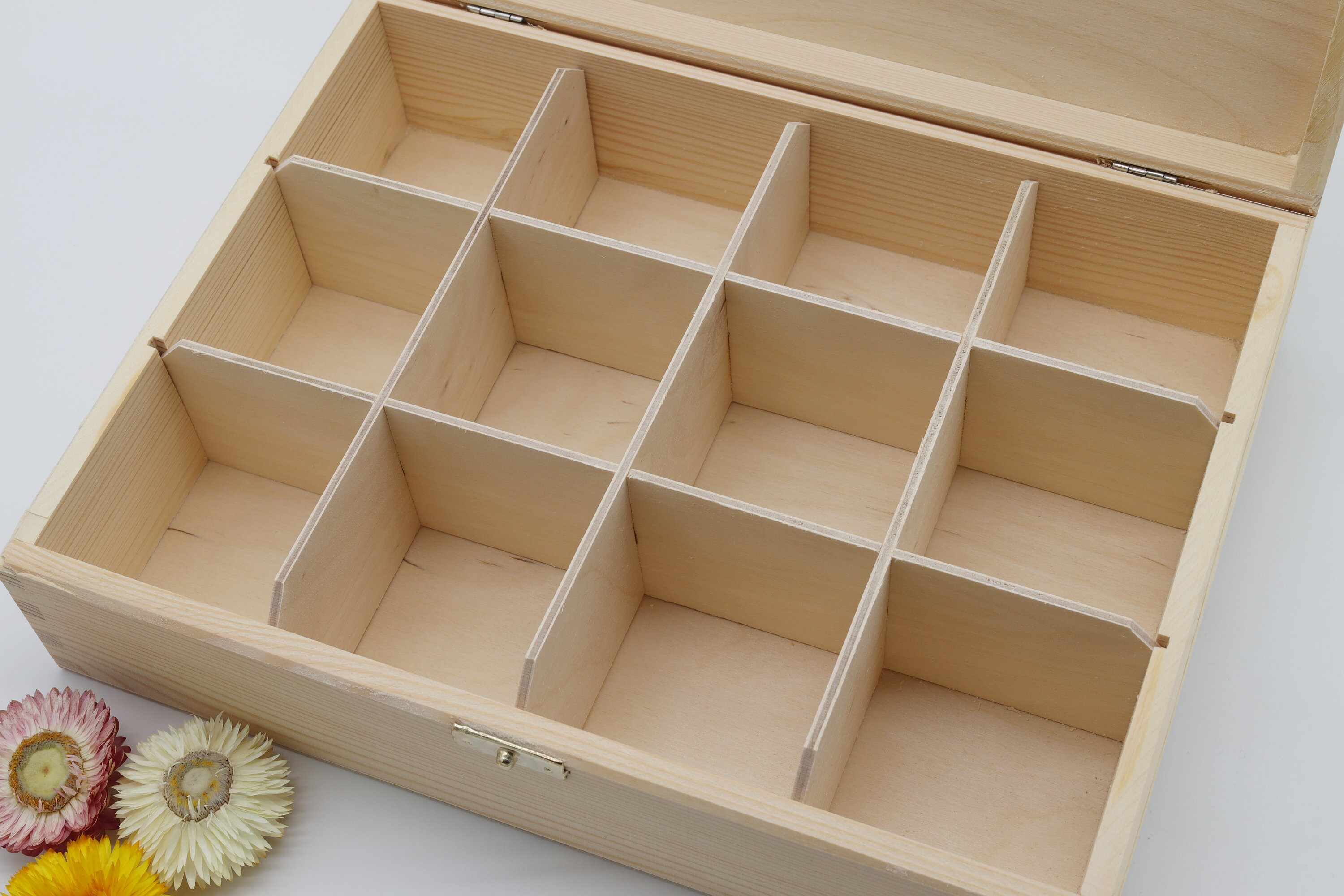 Wooden Storage Box With Lid Clasp & 12 Sections Compartments / Tea Bag Box  Craft