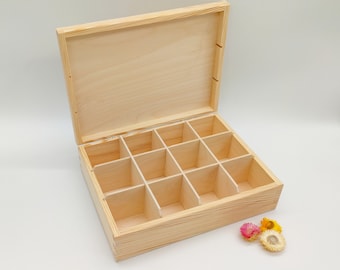 Teebeutelbox aus Holz mit 12 Fächern | Unvollendete Teekiste aus Holz | Aufbewahrungsbox aus Holz | Geschenkbox für Teeliebhaber | Decoupage | Tee-Organizer