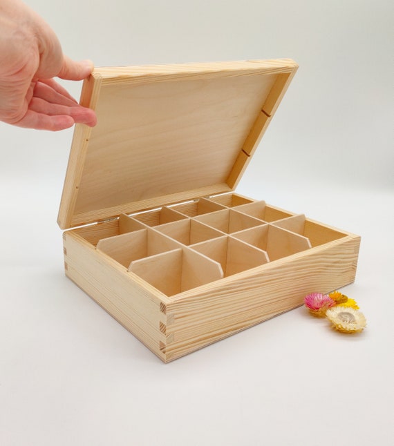 Wooden Tea Bag Box With 12 Compartments Unfinished Wooden Tea Box Wooden  Storage Box Tea Lovers Gift Box Decoupage Tea Organizer 