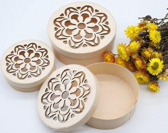Bentwood Box | Round Wooden Box with Lid | Unfinished Nesting Bentwood Box with Flower Pattern | Eco Gift Box | Wedding Favor | Storage
