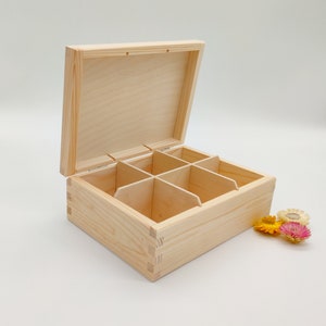Teekiste aus Holz | Unvollendete Teebeutelbox aus Holz | Box mit 6 Fächern | Aufbewahrungsbox aus Holz | Geschenkbox für Teeliebhaber | Decoupage | Tee-Organizer