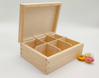 Wooden Tea Box | Unfinished Wooden Tea Bag Box | 6 Compartments Box | Wooden Storage Box | Tea Lovers Gift Box | Decoupage | Tea organizer