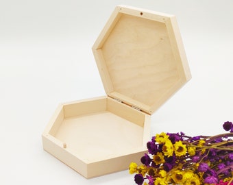 Medium Unfinished Hexagon Wooden Box | Unpainted Wood Box | Wooden Storage Box | Wedding Keepsake Box | Jewelry Box | DIY | Honeycomb Box