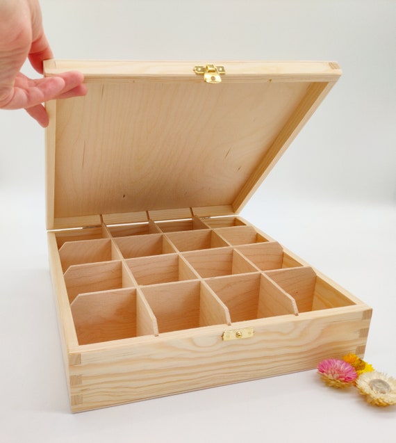 Wooden Tea Box With 16 Compartments and With a Latch DIY Tea Box Wooden  Storage Box Tea Lovers Gift Box Tea Organizer Decoupage 