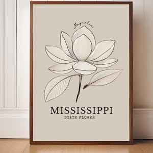 Mississippi Magnolie Digitale Kunst - Minimalistische Zustand Blumen Wanddruck, Südliche Botanische Illustration
