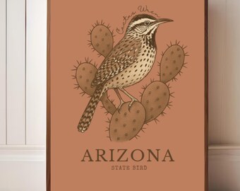 アリゾナ州の鳥のアートプリント | アリゾナ州のサボテンミソサザイと
