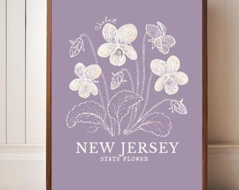 New Jersey Violet Digital Art – Stampa murale botanica minimalista di fiori di stato, illustrazione ispirata alla natura